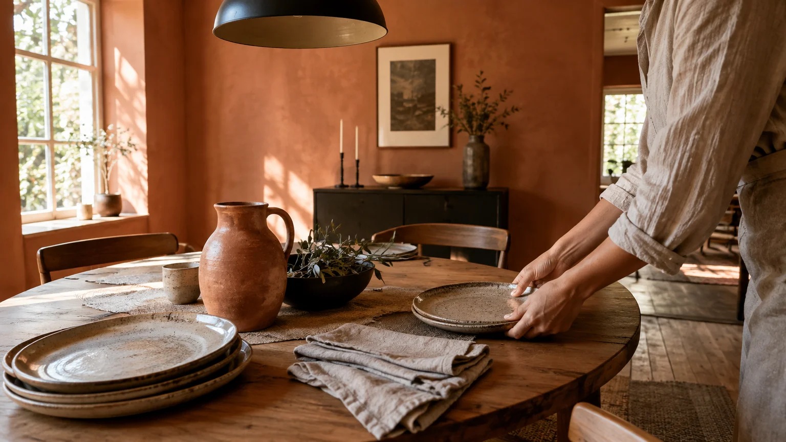 Person setting ceramic plates on a wooden dining table in a room with terracotta-colored plaster walls.