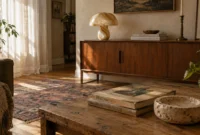 Sunlit living room featuring a wooden coffee table, mid-century sideboard, mushroom glass lamp, and patterned rug.