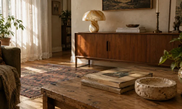 Sunlit living room featuring a wooden coffee table, mid-century sideboard, mushroom glass lamp, and patterned rug.