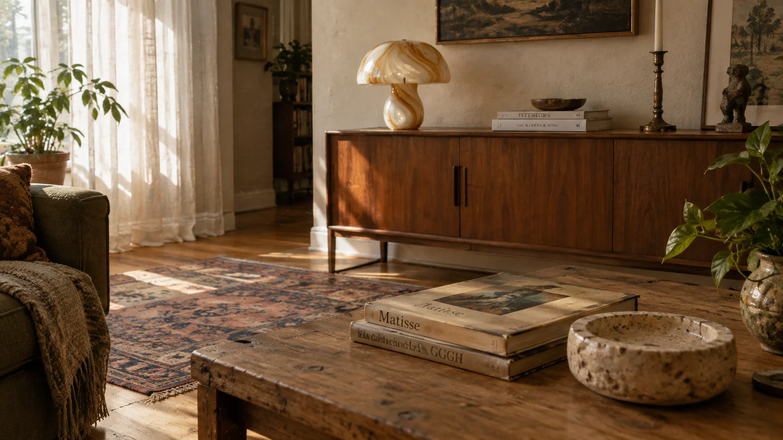 Sunlit living room featuring a wooden coffee table, mid-century sideboard, mushroom glass lamp, and patterned rug.