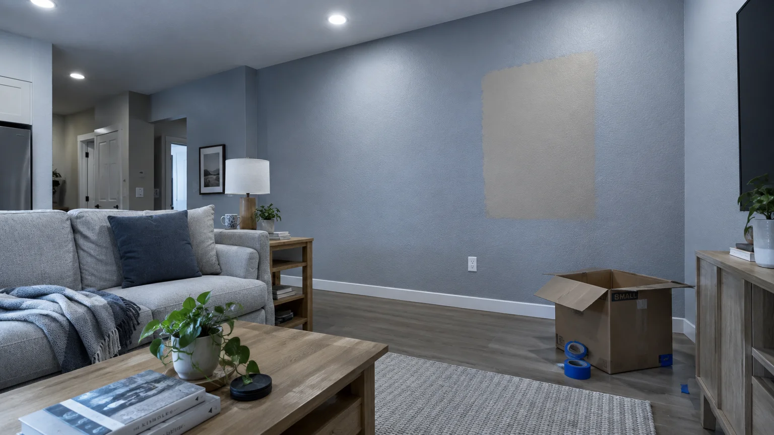 Living room with cool gray walls, a beige paint swatch patch tested on the wall, a sofa, and a cardboard box.