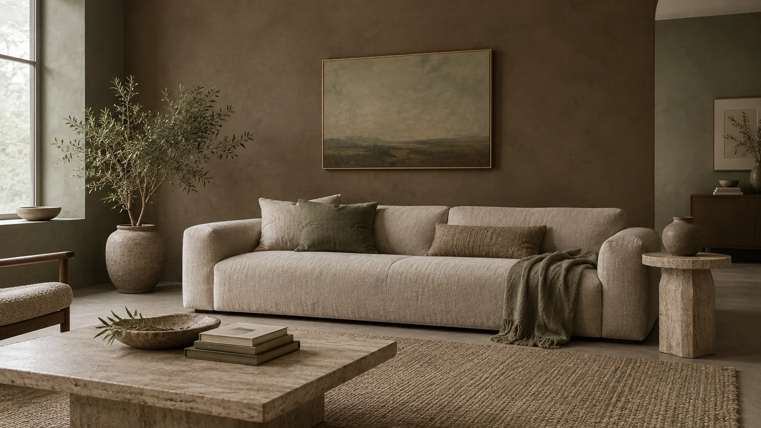 Earth-toned living room featuring a beige sofa, potted olive tree, stone coffee table, and matte brown textured walls.
