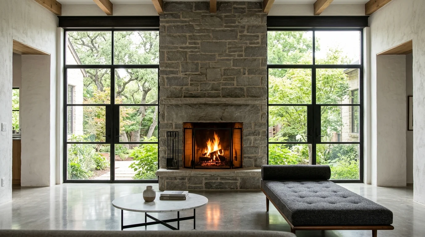 Living room with a lit stone fireplace flanked by floor-to-ceiling windows, a low daybed, and a round coffee table.