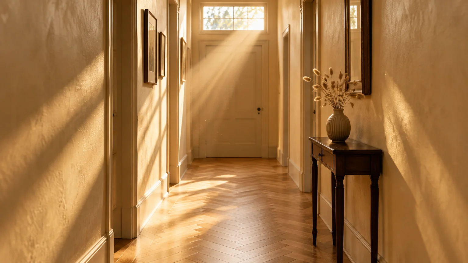 Sunlight streams through a door transom into a hallway with warm parchment walls and herringbone wood floors.