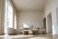 Sunlit living room with floor-to-ceiling sheer curtains, a low beige sofa, stone coffee table, and wood floors.