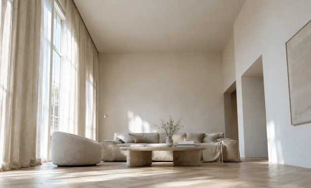 Sunlit living room with floor-to-ceiling sheer curtains, a low beige sofa, stone coffee table, and wood floors.