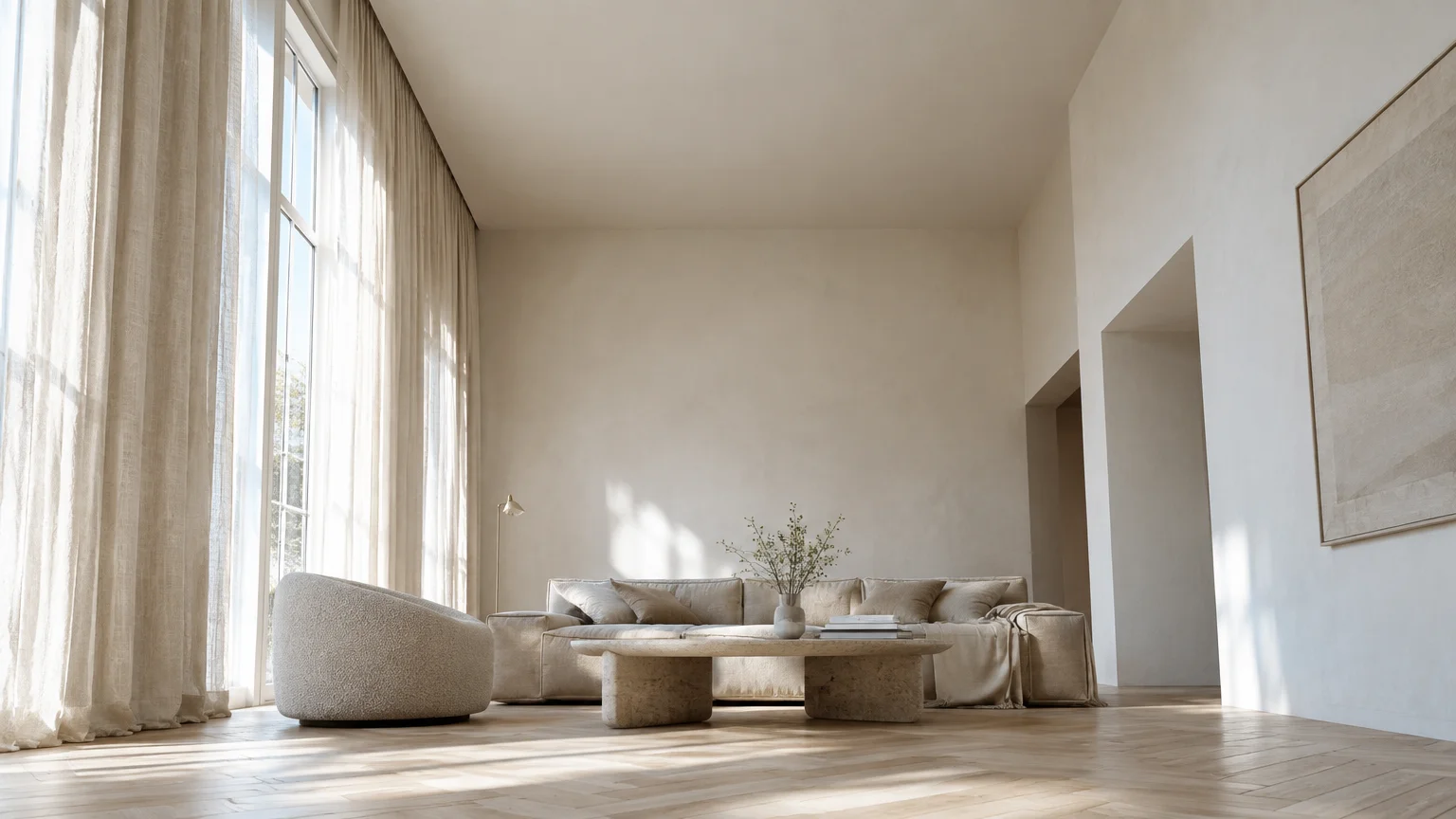 Sunlit living room with floor-to-ceiling sheer curtains, a low beige sofa, stone coffee table, and wood floors.