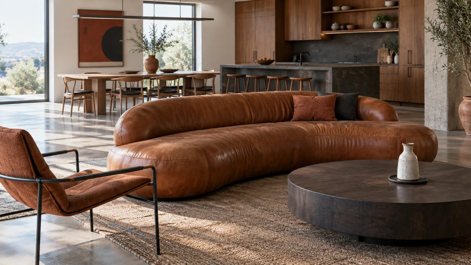 Curved cognac leather sofa with a round wooden coffee table in an open-concept living, dining, and kitchen space.