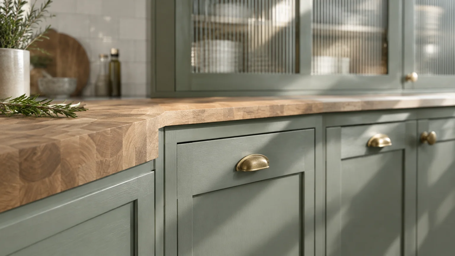 Sage green shaker lower kitchen cabinets with brass cup pulls, a wooden butcher block countertop, and fluted glass uppers.