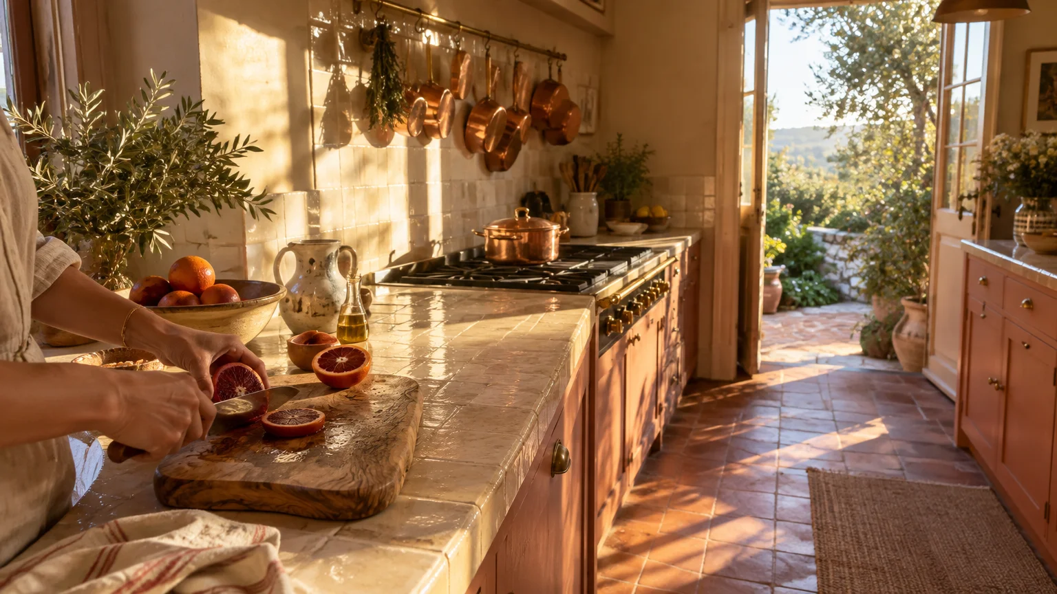 Sunlit Mediterranean kitchen with terracotta floor tiles, tiled countertops, copper cookware, and someone slicing blood oranges.