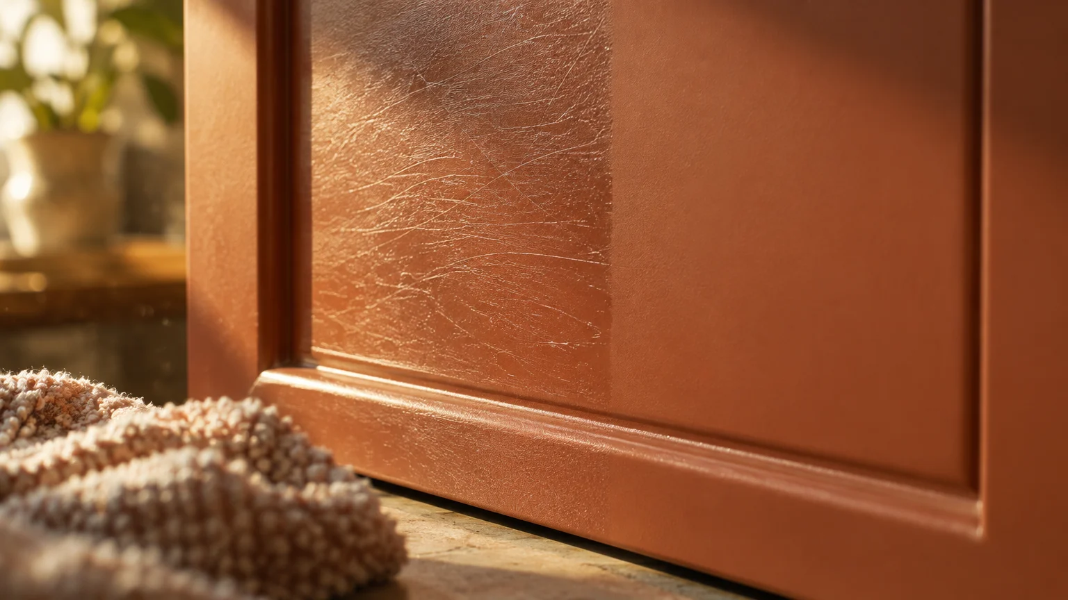 Terracotta cabinet door with fine scratches on the left and smooth paint on the right, next to a textured cloth.