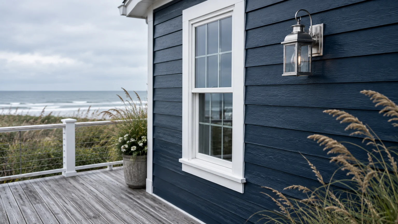 Navy blue lap siding on a coastal home with a white-trimmed window, outdoor lantern light, and wooden deck overlooking the ocean.