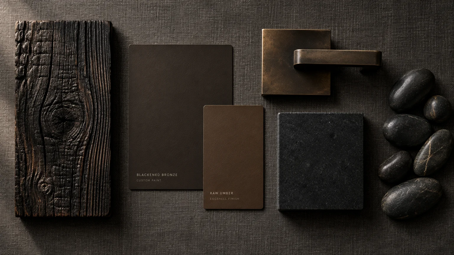Material moodboard featuring charred wood, blackened bronze and raw umber swatches, bronze hardware, stone tile, and pebbles.
