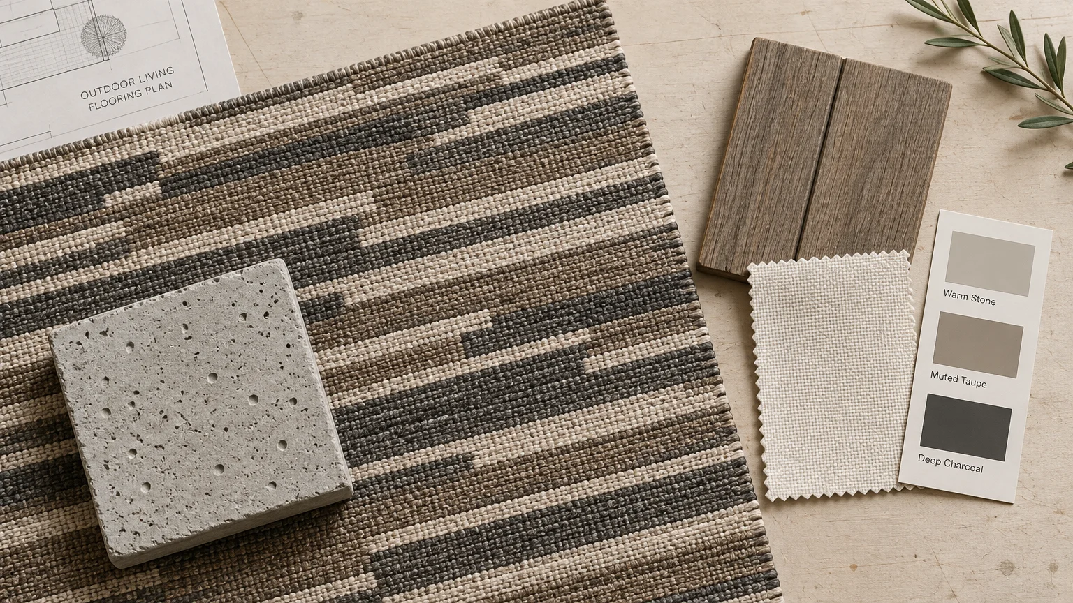 Mood board flat lay with a textured striped rug sample, concrete paver, wood swatches, fabric sample, and color palette.