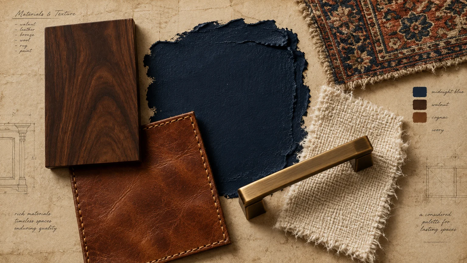 Mood board featuring a dark blue paint swatch, walnut wood, stitched brown leather, brass handle, and textile samples.