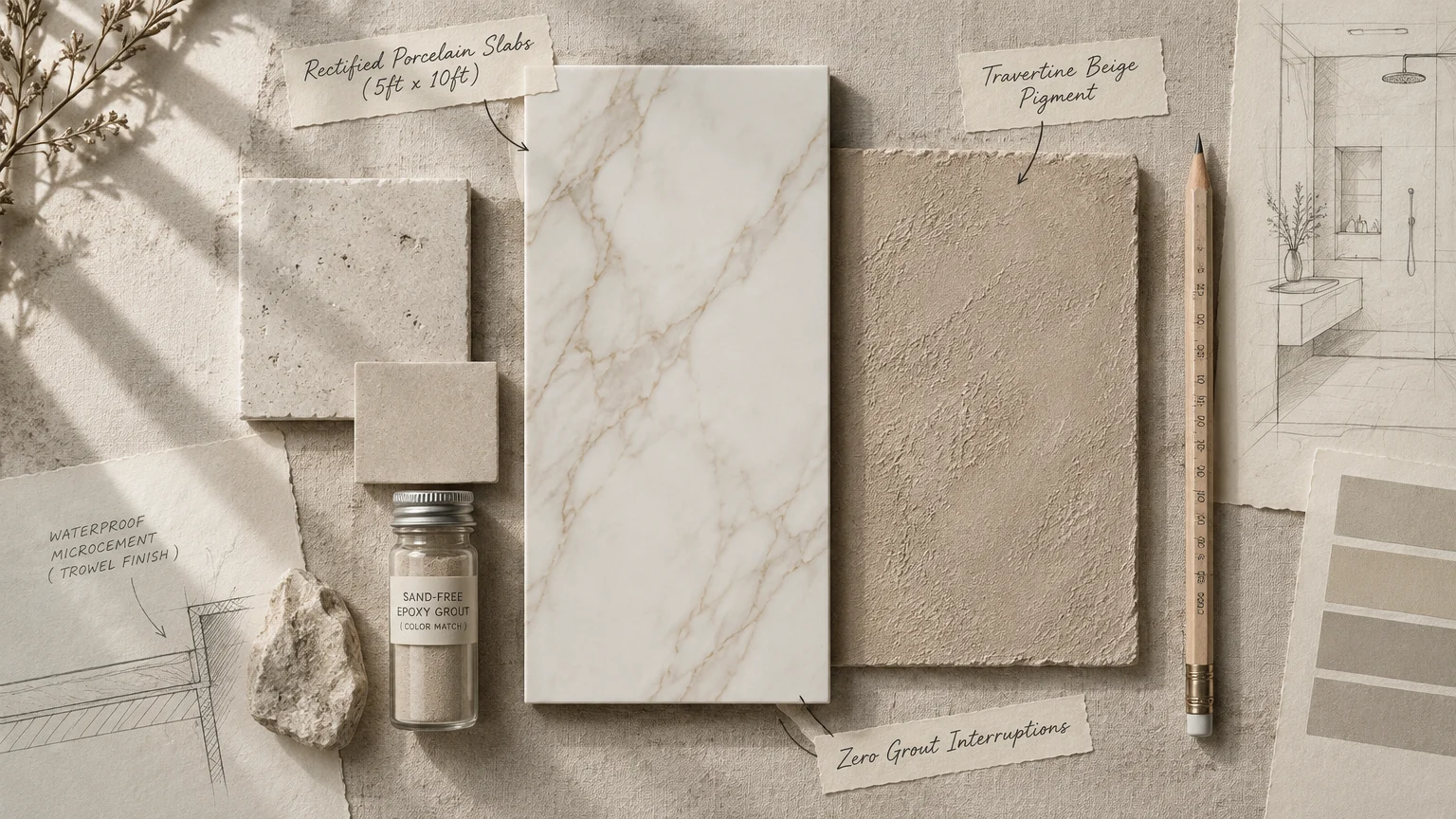 Flat lay mood board with marble and travertine samples, microcement slab, pencil, sketches, and grout jar.