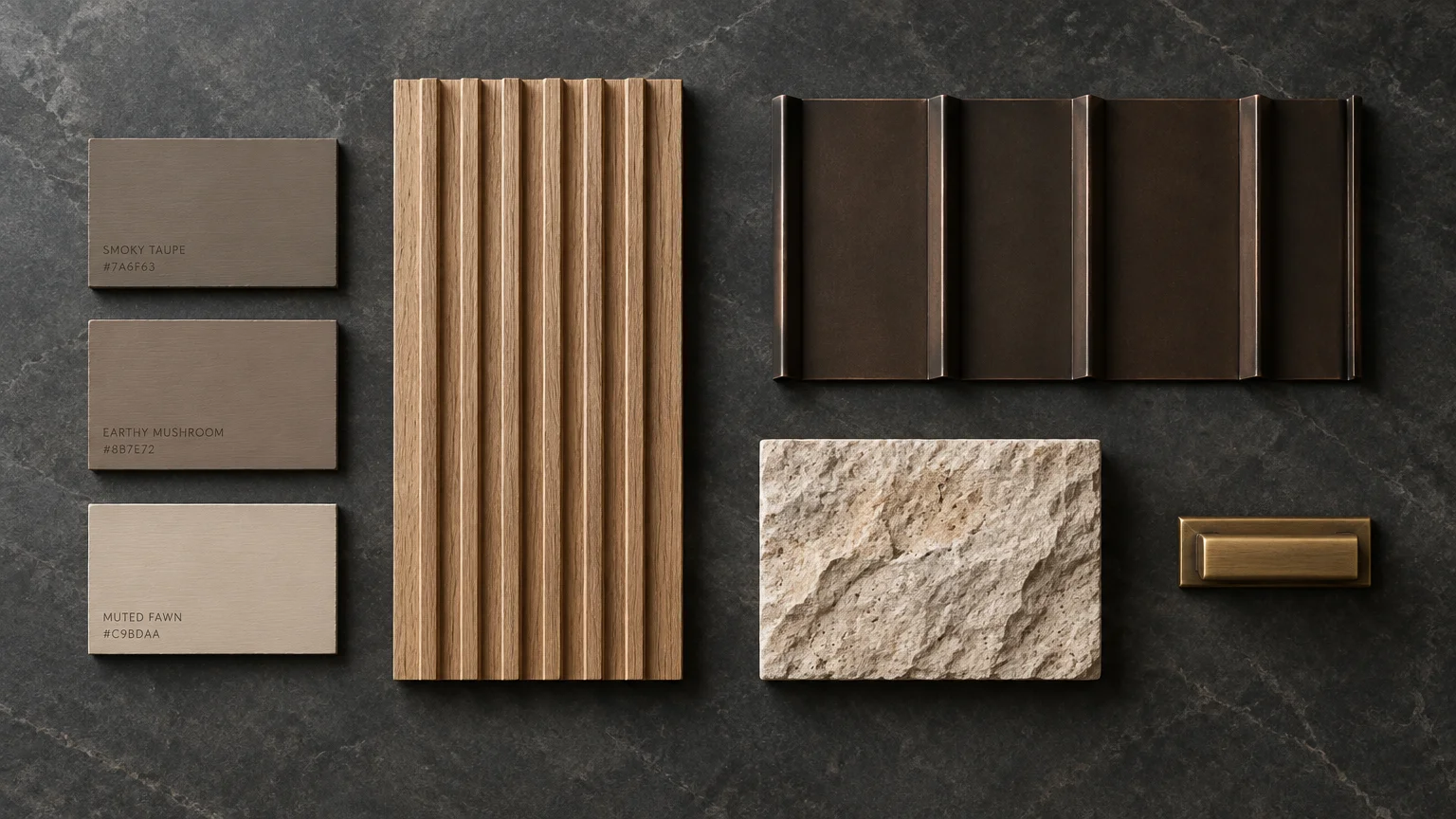 Material moodboard with neutral paint swatches, fluted wood panel, standing seam metal, stone block, and brass hardware.