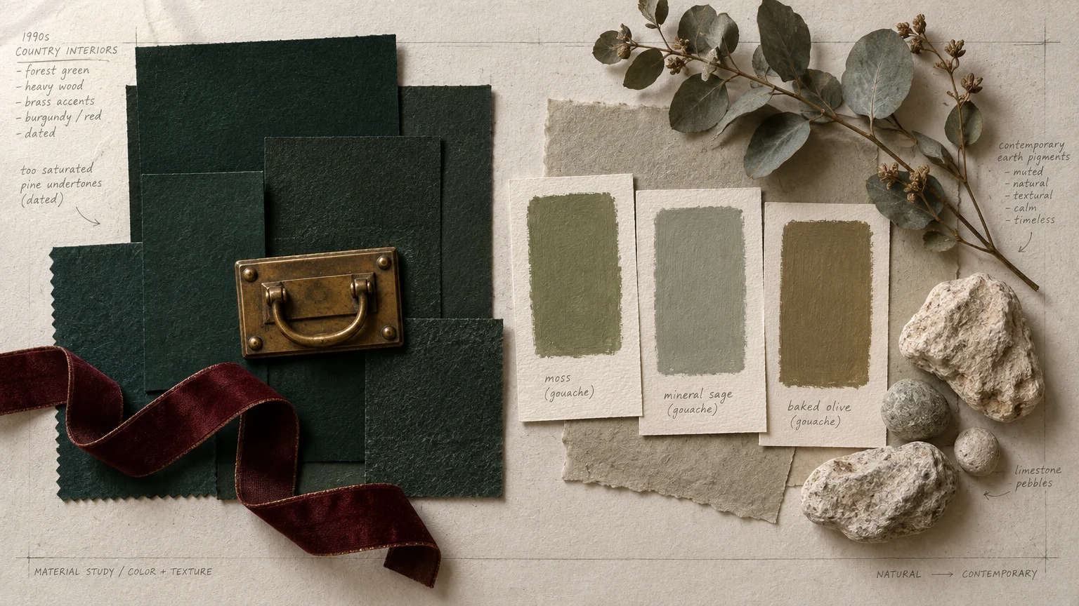 Mood board comparing dark hunter green swatches with brass and burgundy ribbon against sage, moss, and olive paint cards.