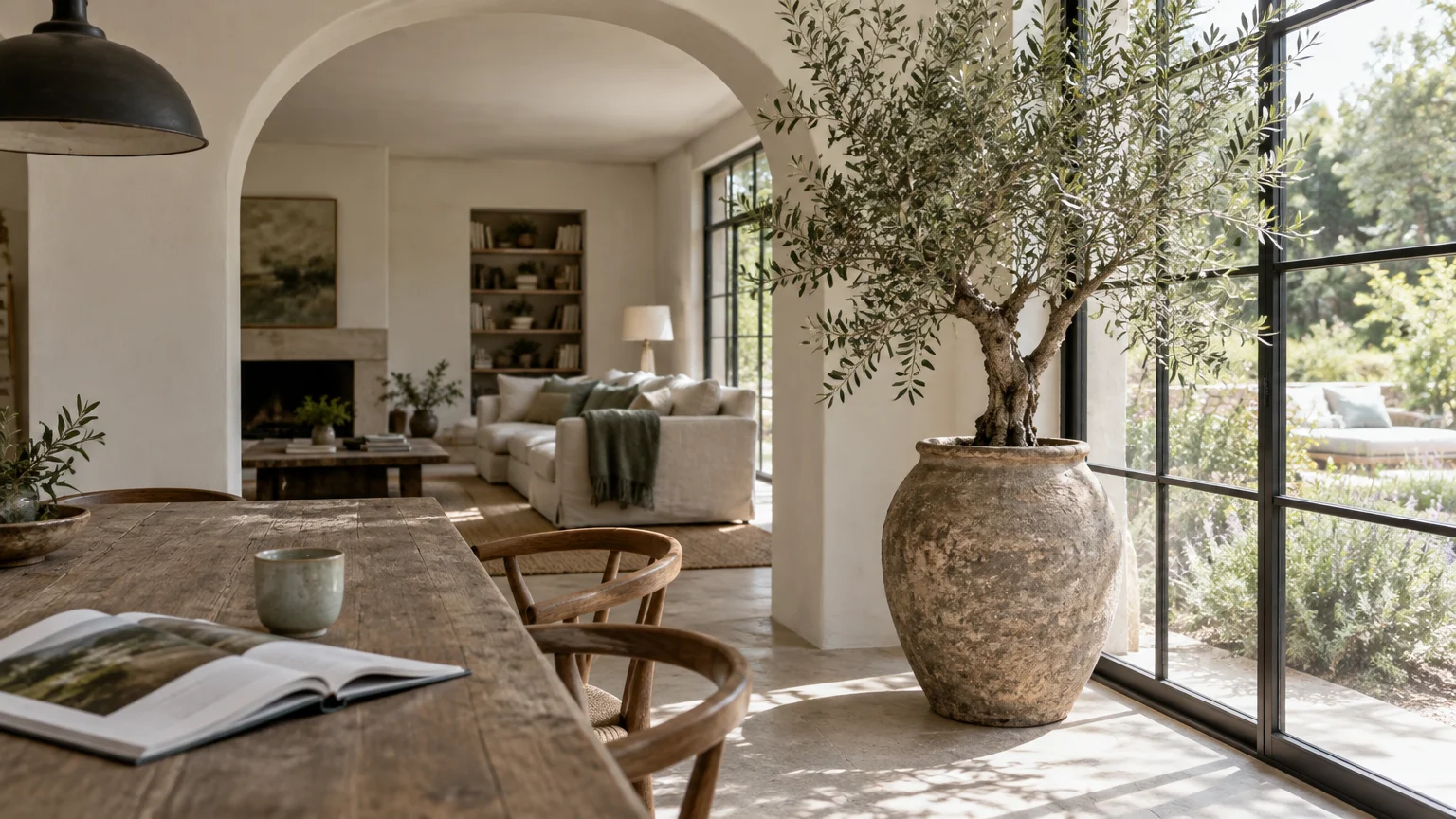 Potted olive tree in a rustic stone urn beside an arched entryway looking from a dining table into a living room.