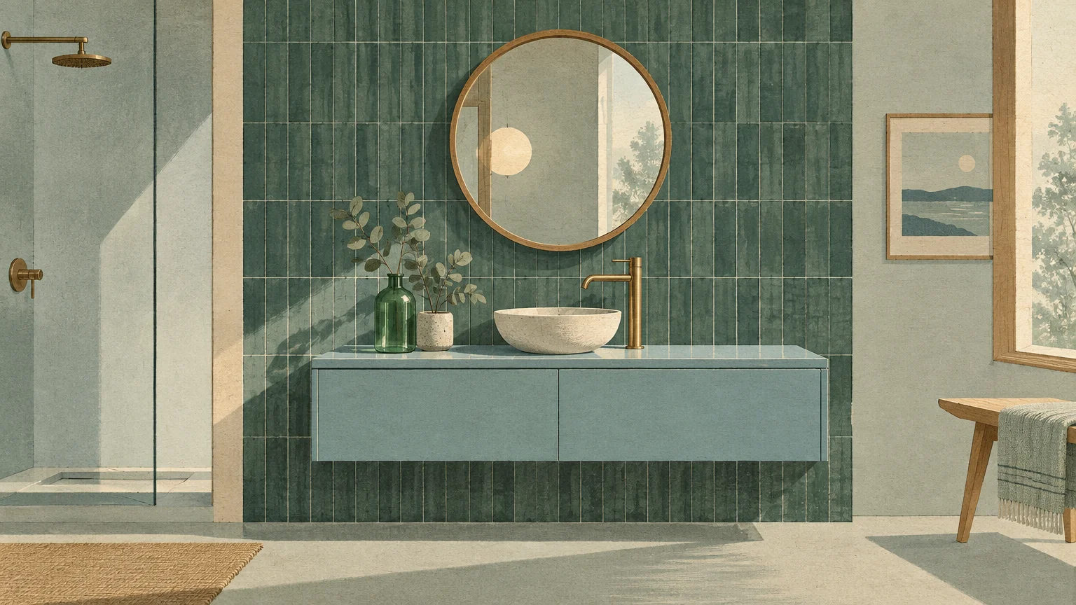 Illustration of a modern bathroom with vertical jade tiles, a round mirror, and a light aqua floating vanity.