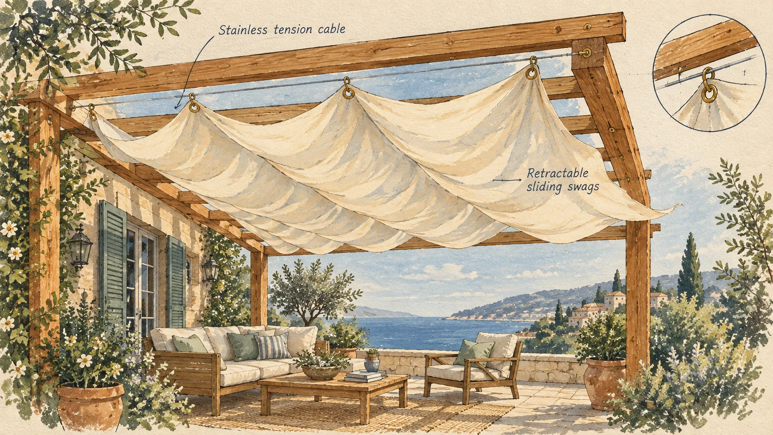Illustration of a wooden pergola with billowing cream canopy swags hung from metal cables over a patio overlooking the sea.