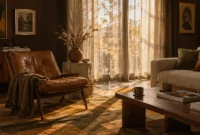 Sunlit living room featuring a brown leather armchair, wooden coffee table, boucle sofa, and sheer curtains.
