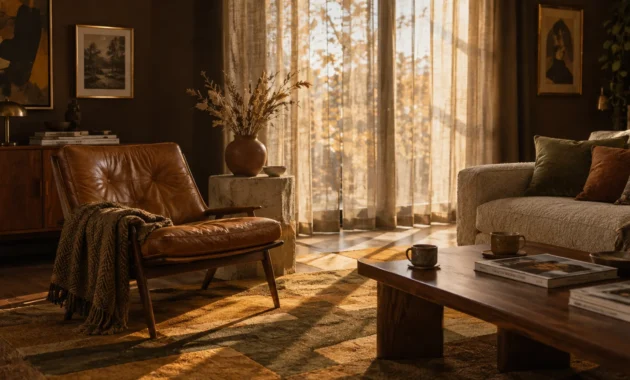 Sunlit living room featuring a brown leather armchair, wooden coffee table, boucle sofa, and sheer curtains.