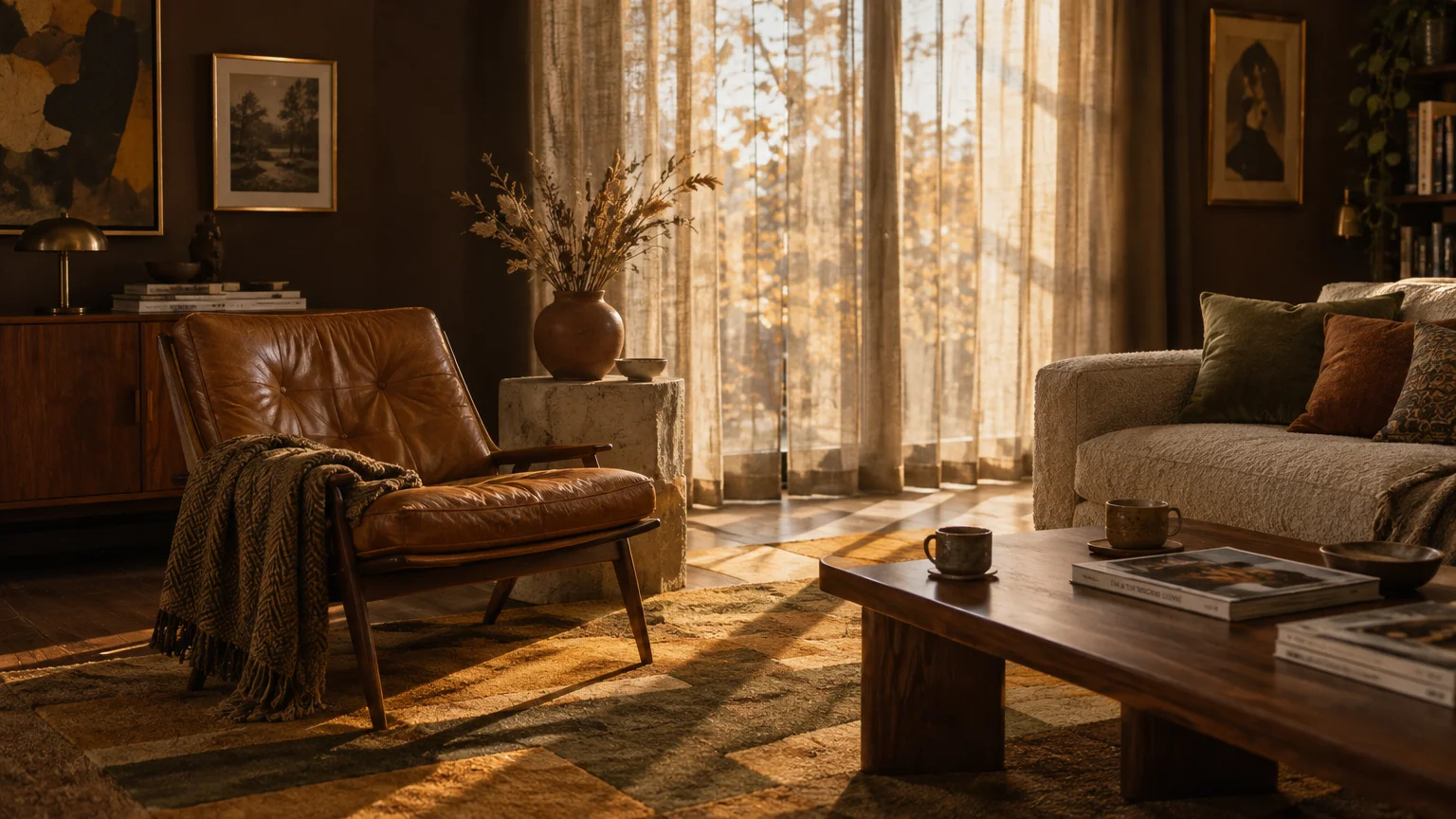 Sunlit living room featuring a brown leather armchair, wooden coffee table, boucle sofa, and sheer curtains.