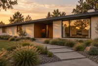 Exterior of a modern mid-century ranch home with white brick, wood paneling, large windows, and a landscaped walkway at sunset.