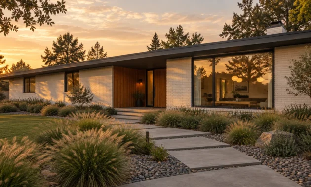 Exterior of a modern mid-century ranch home with white brick, wood paneling, large windows, and a landscaped walkway at sunset.