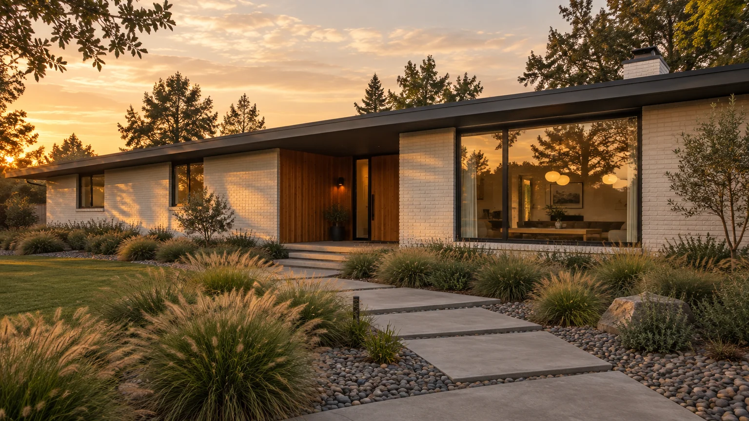 Exterior of a modern mid-century ranch home with white brick, wood paneling, large windows, and a landscaped walkway at sunset.