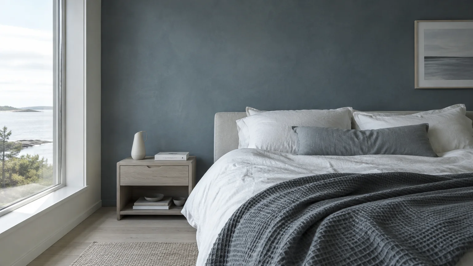 Modern bedroom with a muted slate blue accent wall, neutral linen bed, wooden nightstand, and ocean view window.