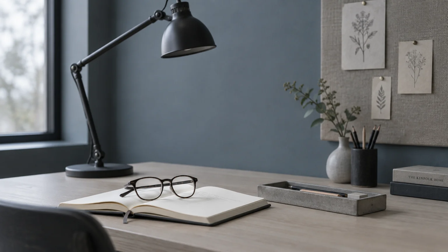 Wooden desk with an open notebook, eyeglasses, black desk lamp, and pinboard set against a muted slate blue wall.