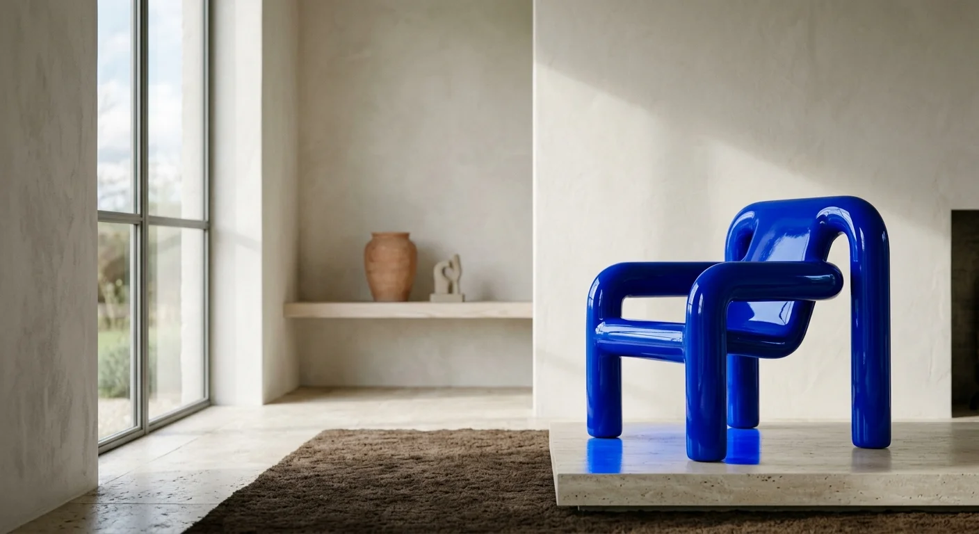 Glossy electric blue tubular armchair set on a stone plinth in a minimalist, neutral-toned room with floor-to-ceiling windows.