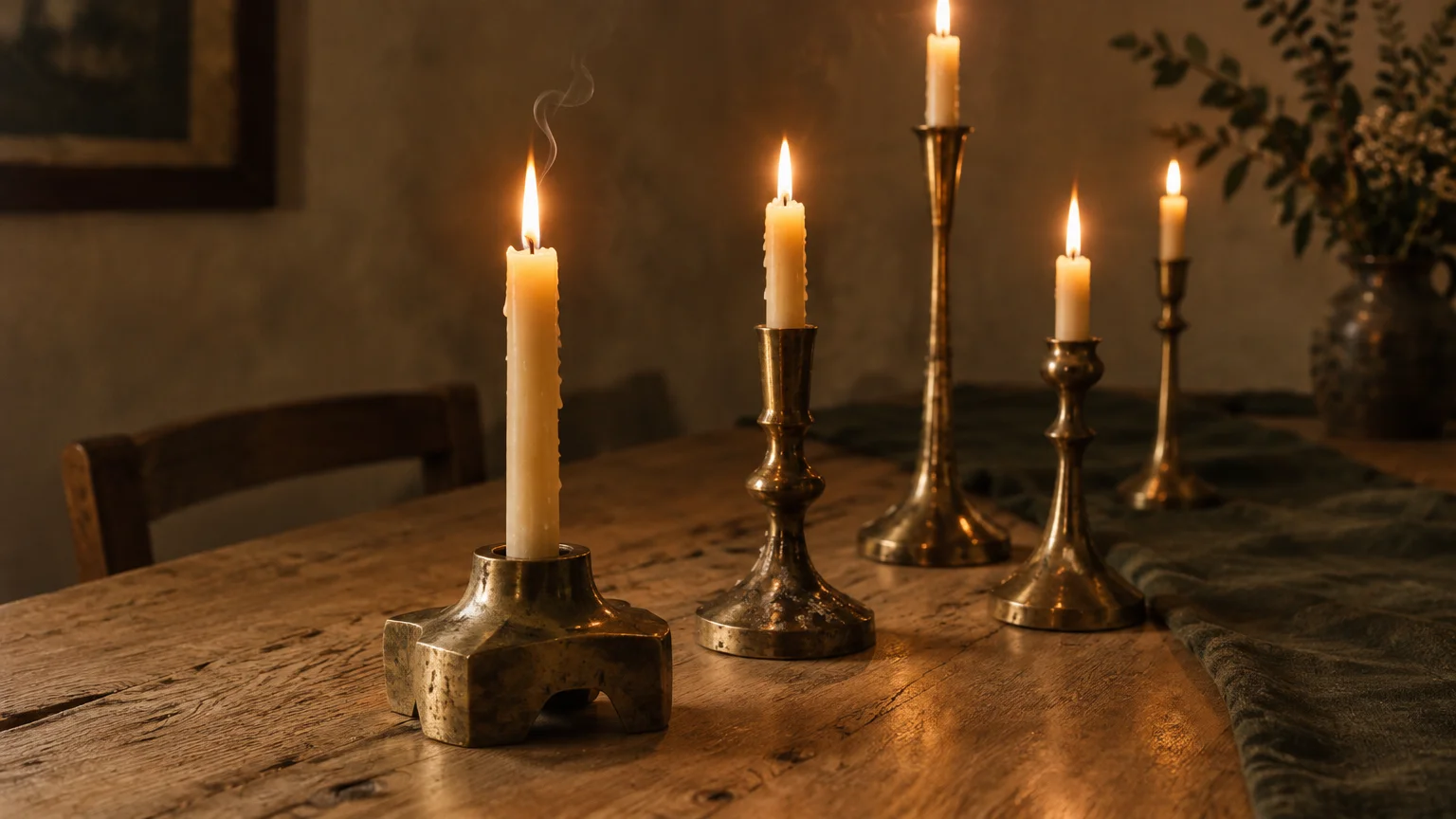Lit white taper candles burning in mismatched brass candlesticks arranged across a rustic wooden dining table.
