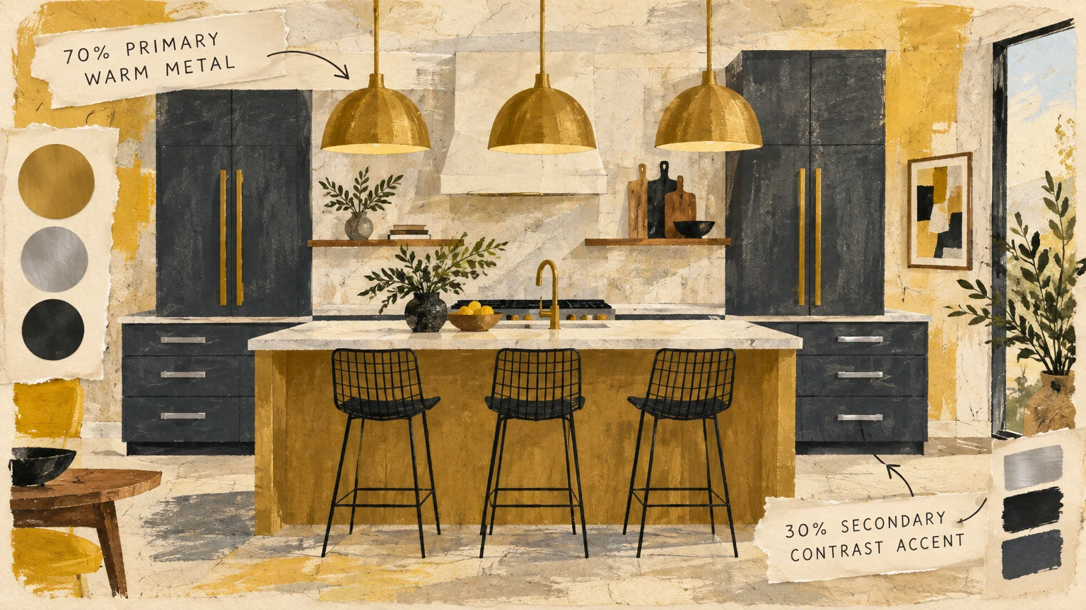 Mixed-media kitchen illustration highlighting a 70% primary warm metal and 30% secondary contrast accent ratio.