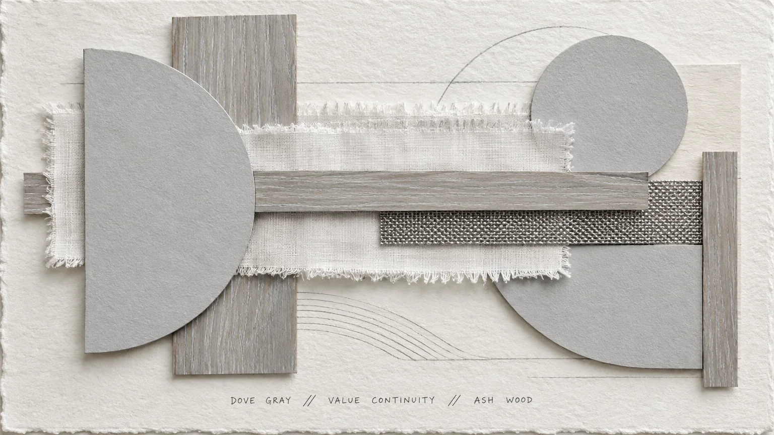 Mixed-media collage of gray paper shapes, textured wood pieces, and frayed linen swatches on textured white paper.