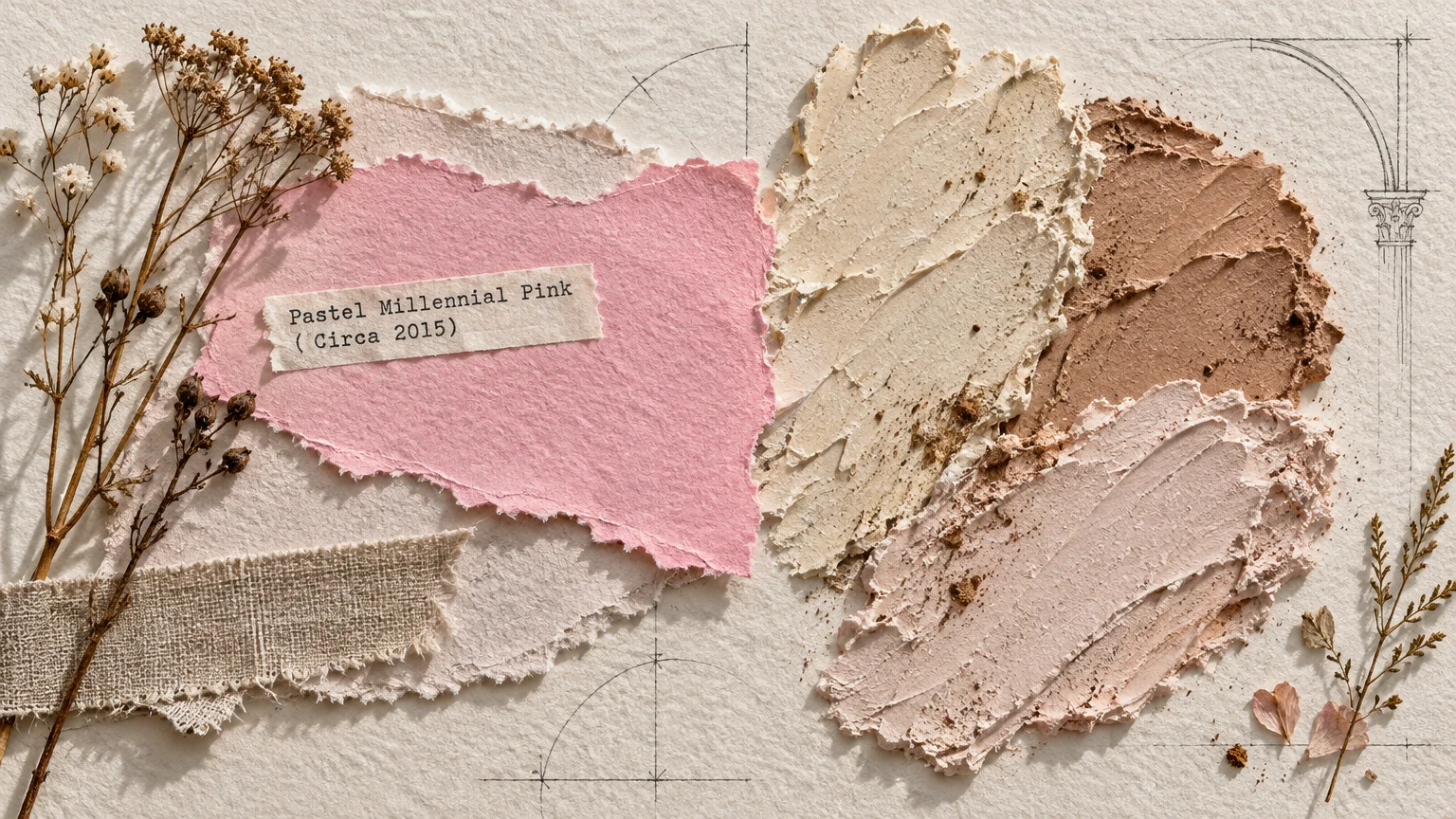 Mood board with torn pink paper labeled Pastel Millennial Pink, textured paint swatches, dried flowers, and linen fabric.