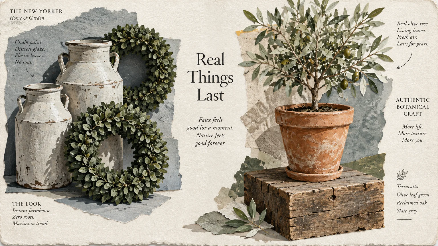 Mixed media collage comparing distressed white milk jugs and wreaths with a potted olive tree on a wooden block.