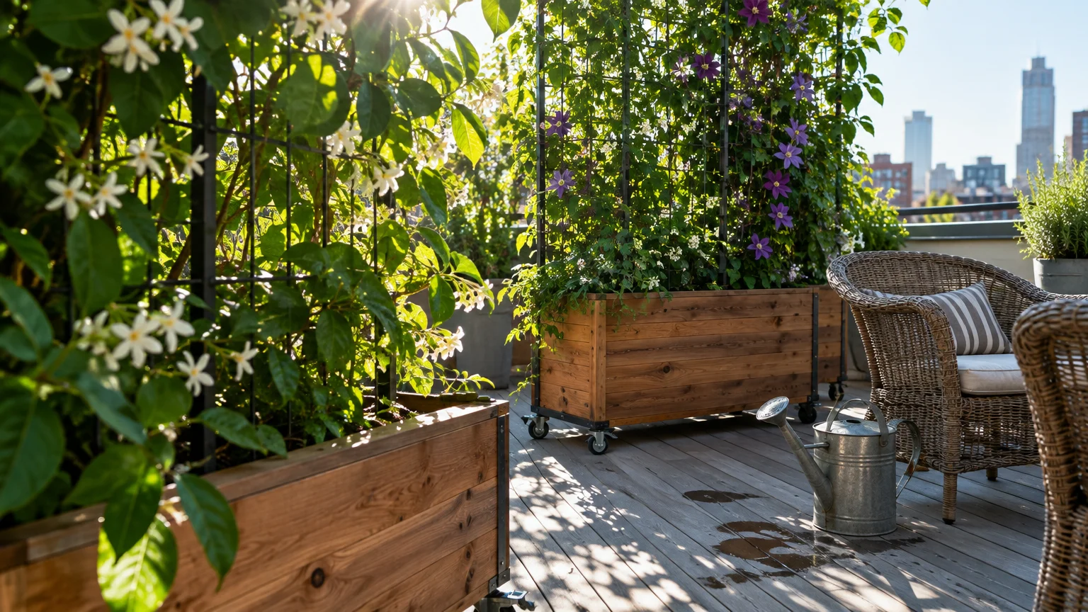 Flowering vines on tall trellis screens in wheeled wooden planter boxes beside wicker chairs on a sunny rooftop deck.