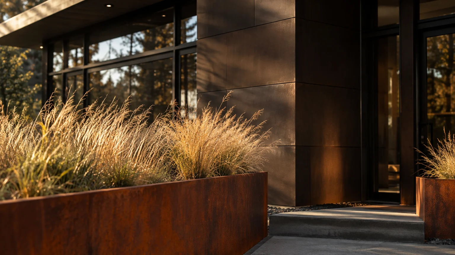 Modern home exterior with dark bronze cladding panels, floor-to-ceiling glass windows, and weathered steel planter boxes.