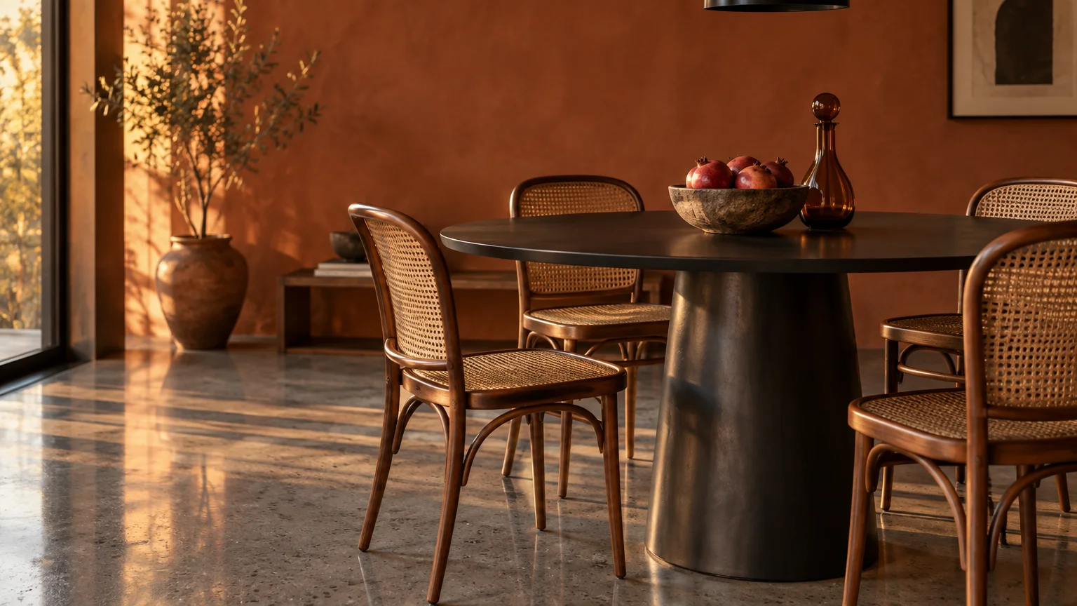 Modern dining room featuring a dark pedestal table, cane chairs, polished concrete flooring, and warm terracotta walls.