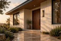 Modern house facade with white vertical siding, rich wood front door, stone walkway, and garden plants at sunset.