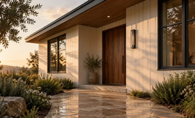 Modern house facade with white vertical siding, rich wood front door, stone walkway, and garden plants at sunset.