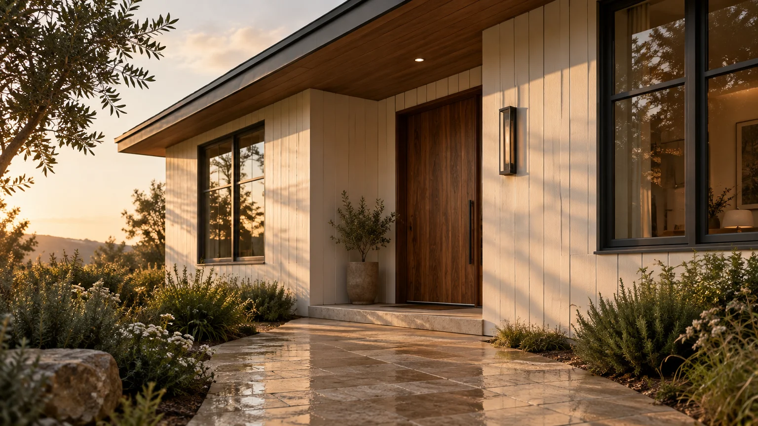Modern house facade with white vertical siding, rich wood front door, stone walkway, and garden plants at sunset.