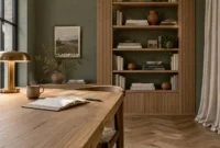 Home office with olive green walls, wooden desk, brass lamp, steaming mug, and built-in fluted oak bookshelf.