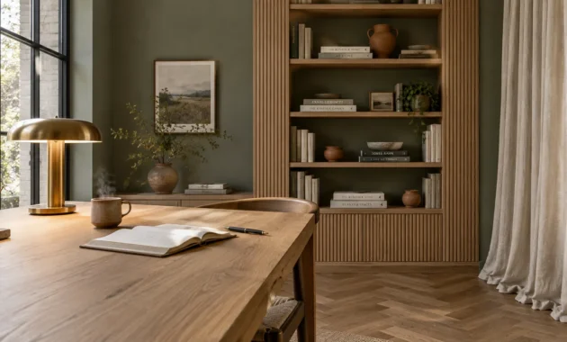 Home office with olive green walls, wooden desk, brass lamp, steaming mug, and built-in fluted oak bookshelf.