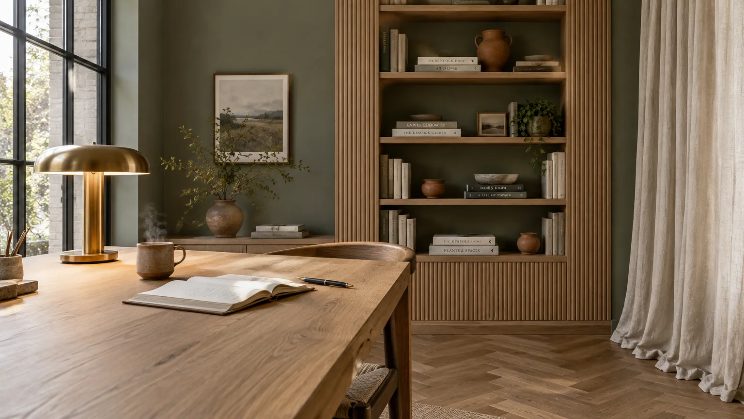 Home office with olive green walls, wooden desk, brass lamp, steaming mug, and built-in fluted oak bookshelf.
