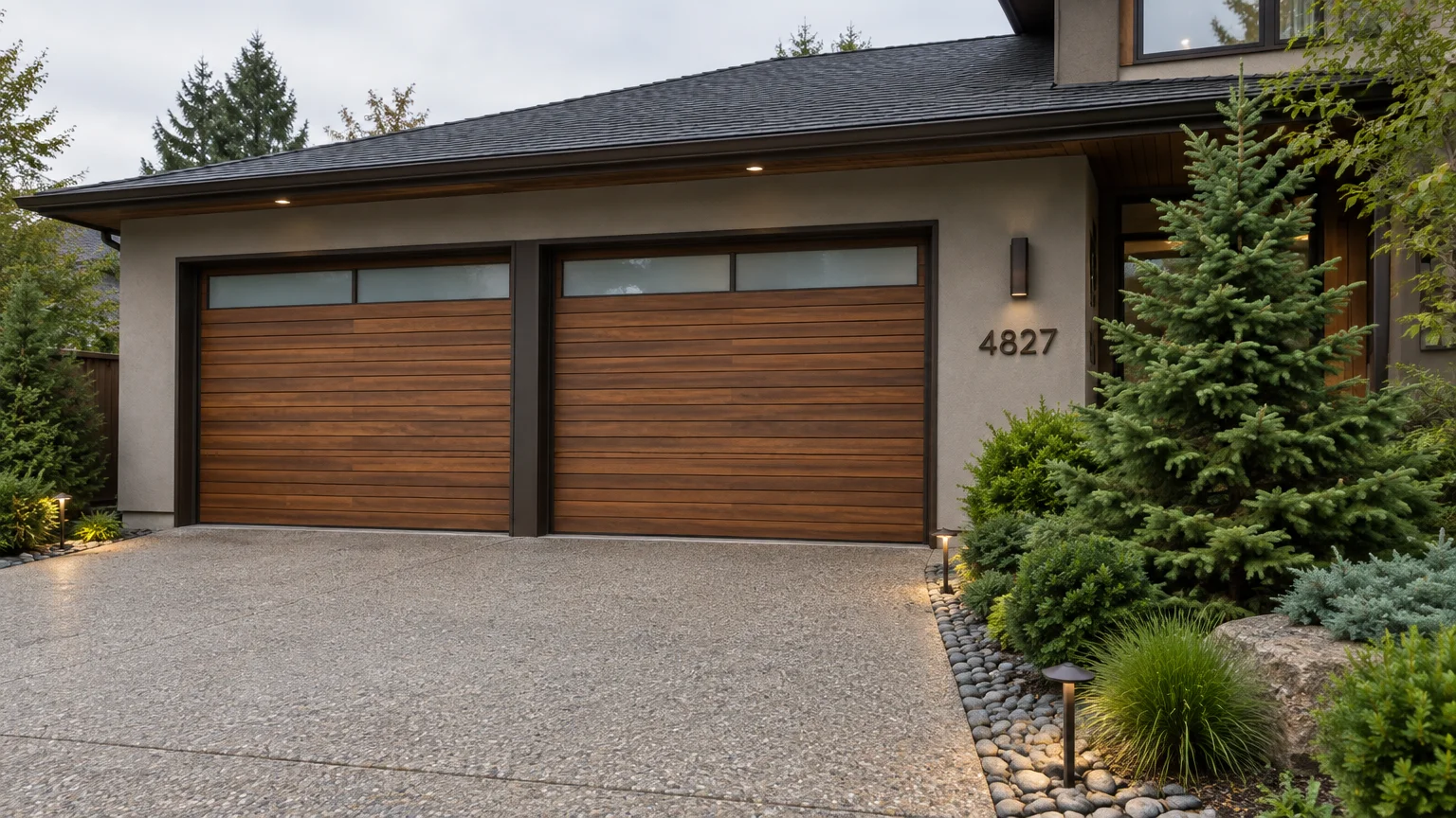 Modern two-car garage with horizontal wood-look panels, frosted glass top windows, and landscaped driveway.