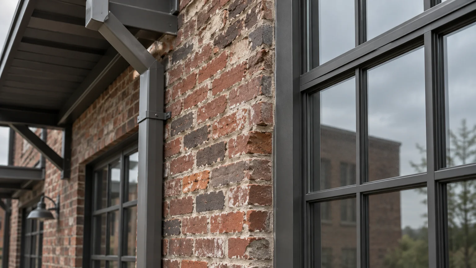 Dark bronze-gray metal window trim, gutter, and awning brackets mounted on a rustic weathered red brick exterior wall.